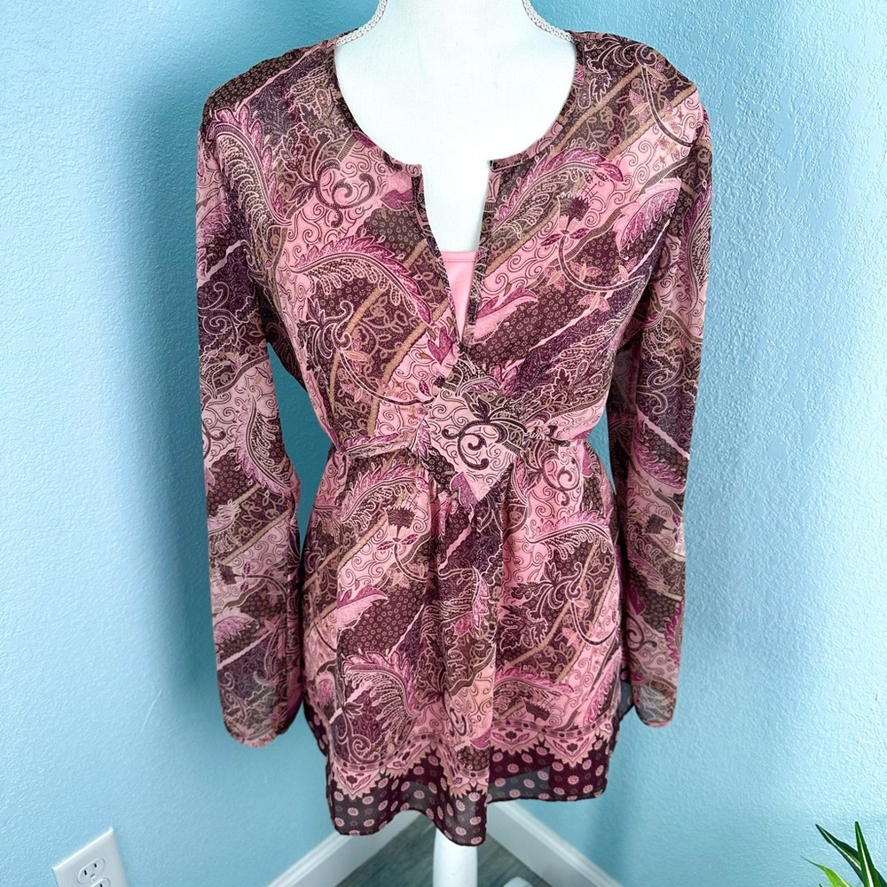 Motherhood Maternity Maroon Pink Top Large Built-In Cami Split Sleeve V-Neck EUC